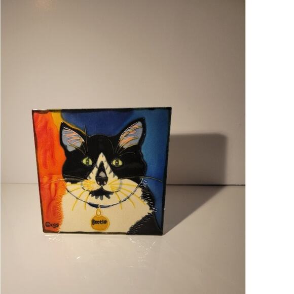 Cat Tile Art Hand-Painted Ceramic Signed Claudia Sanchez Coaster Trivet Decor - Picture 5 of 8